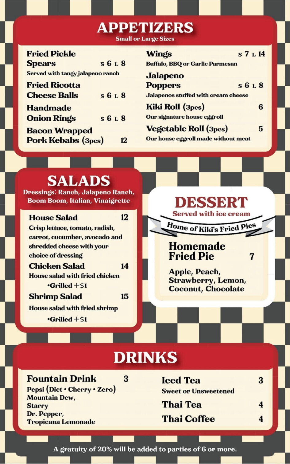Kiki's menu page for appetizers, salads, dessert, and drinks