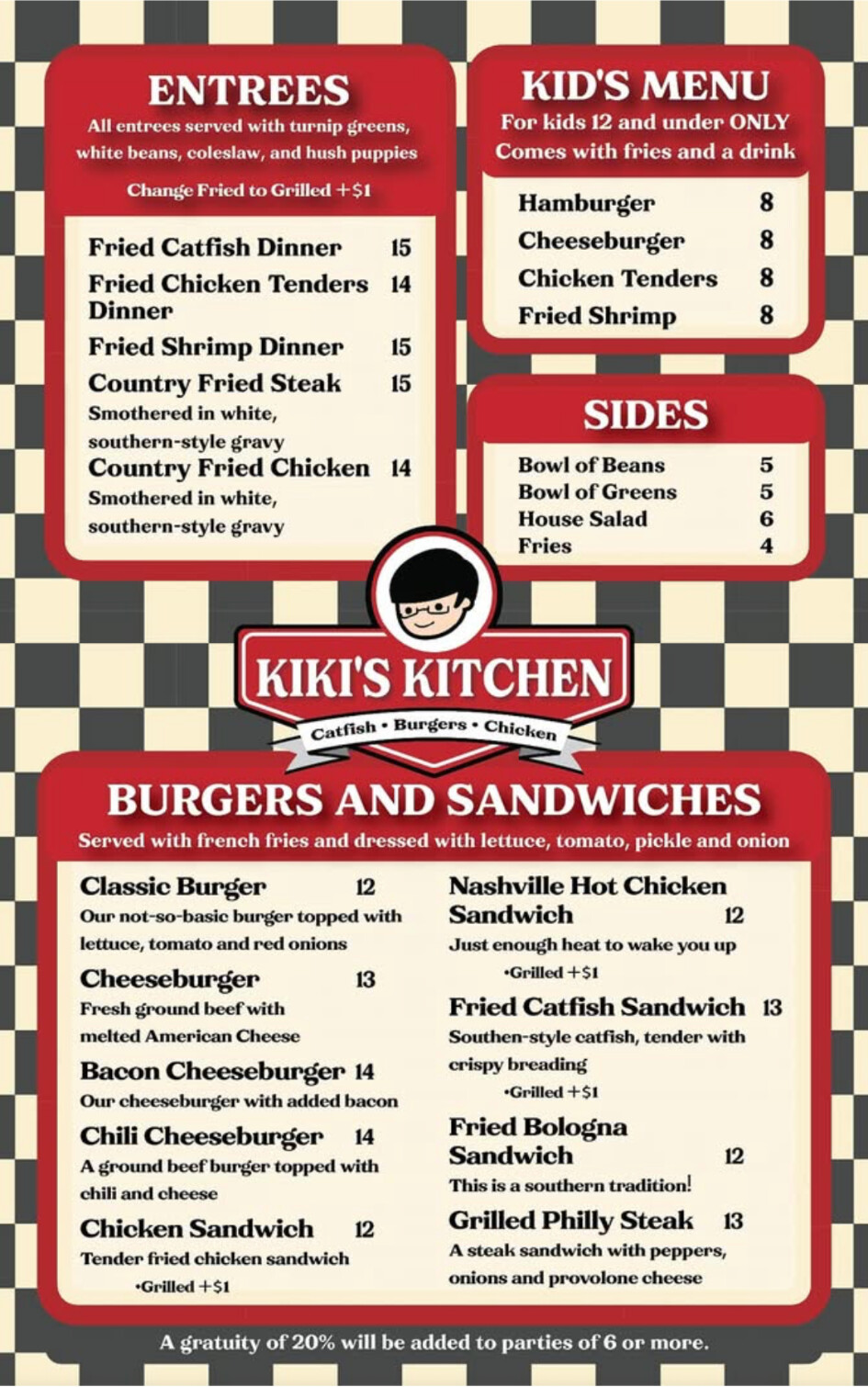 Kiki's menu page for entrées, kids meals, sides, burgers, and sandwiches